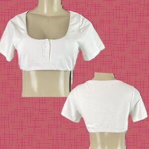 Swimsuits For All L Ivory Ribbed Lined Scoop Neckline Short Sleeve Crop Swim Top